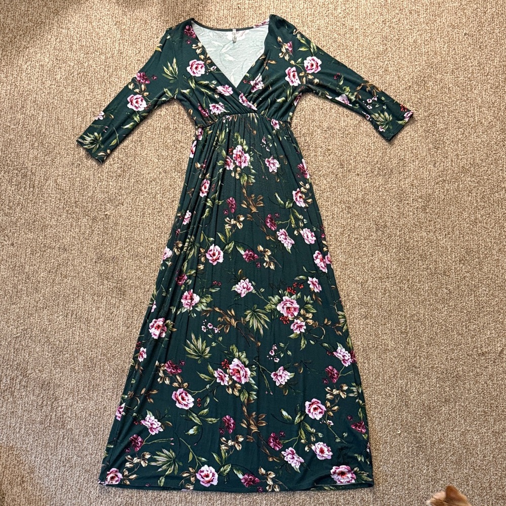 Mother Bee Maternity Floral Long Sleeve Dress - Green and Pink